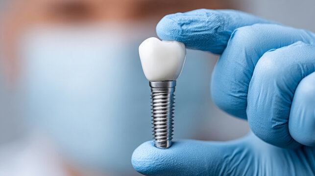 Close up of titanium dental implant held in tweezers by gloved hand for medical use