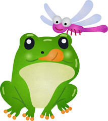 Illustration of a Frog and Dragonfly Watercolor Hand Drawn Style