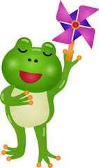 Illustration of Smiling Frog Holding Pinwheel Watercolor Hand Drawn Style