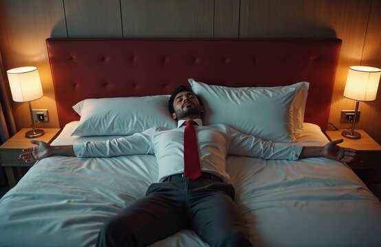 Tired businessman lies on a bed in hotel. Man wearing formal suit relaxing after a business travel. He is exhausted after work meeting and long flight at night. He is resting.