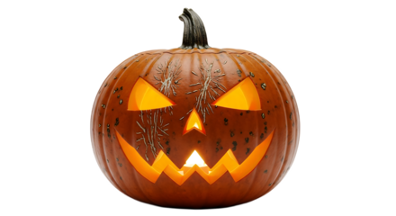 Illuminated jack o lantern with carved face on a black background for halloween celebration theme