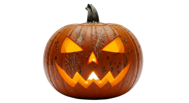 Illuminated jack o lantern with carved face on a black background for halloween celebration theme