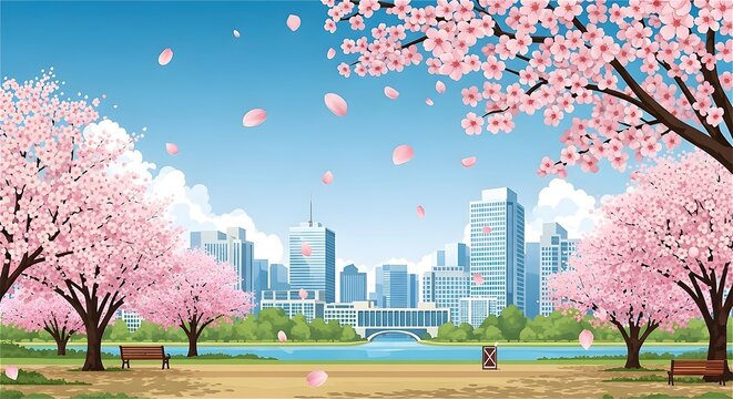  A vibrant illustration of a city park in spring, framed by beautiful pink cherry blossom trees. The foreground has a green lawn and benches, with a modern urban skyline featuring skyscrapers.