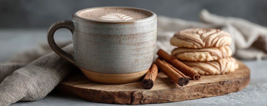 Cozy ceramic mug of hot chocolate with cinnamon sticks and cookies on a wooden board