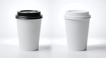 Two disposable coffee cups isolated on, one with black lid