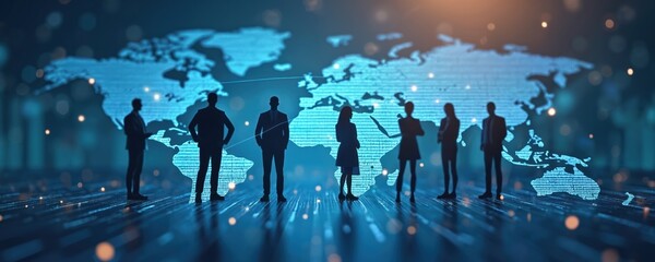Business people silhouettes stand before digital world map. International team discusses global strategy, corporate partnership. Futuristic concept of worldwide network, data exchange, teamwork for