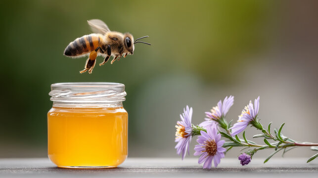 Bee hovering over open honey jar with flowers in soft focus, perfect for nature and agriculture themes - Powered by Adobe