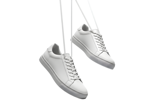 Two white leather low-top sneakers suspended by white strings isolated on a transparent background white sneakers