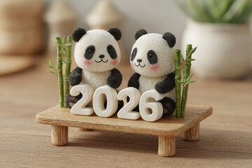 AI-generated two panda figurines sitting with 2026 numbers on wooden platform