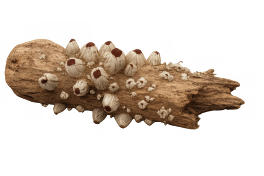 Driftwood branch with goose barnacles and small barnacles attached, marine life against transparent background
