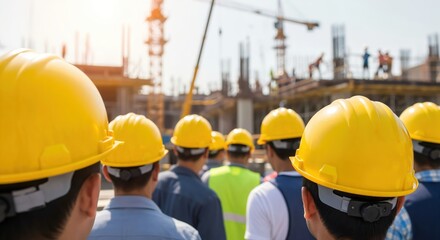 Construction Workers in Yellow Hard Hats Observing Ongoing Project at a Construction Site with Crane and Framework under Bright Sunlight