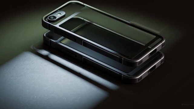 Transparent phone protective case placed on top of black smartphone under dramatic spotlight studio setup showing premium minimalist accessory display concept for mobile safety protection lifestyle ec