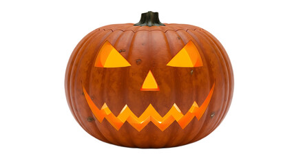 A lit jack o lantern with triangular eyes and a jagged mouth against a black background for halloween