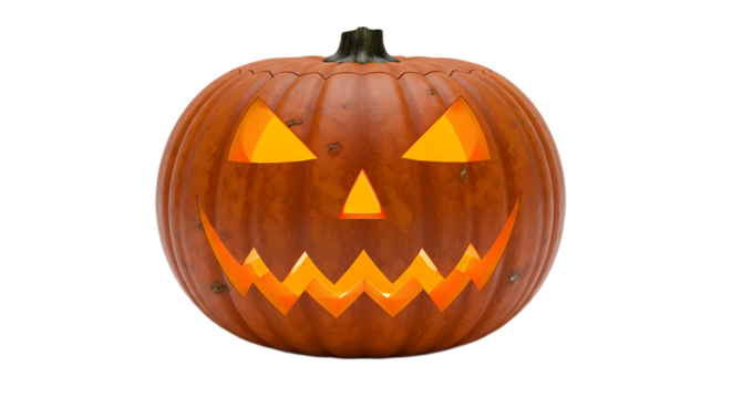 A lit jack o lantern with triangular eyes and a jagged mouth against a black background for halloween