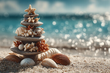 Driftwood and seashell Christmas tree on tropical beach with ocean bokeh