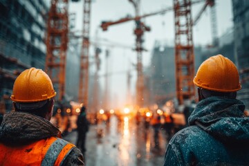 Construction workers with hard hats overlooking a busy site with cranes and rain falling