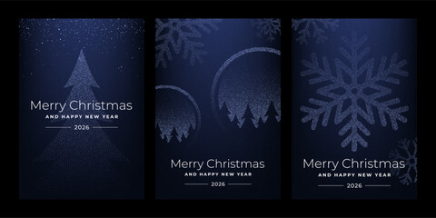 Three dark blue Christmas cards with dot art style winter elements for holiday season greeting card design. Merry Christmas and Happy New Year wishes.