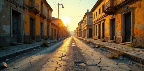 Crumbling classic, harsh sun, cracked asphalt, damage, desolation, solitary