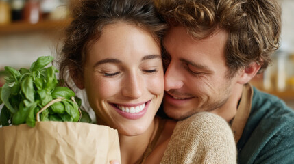 Joyful couple embracing and dancing with a grocery bag at home