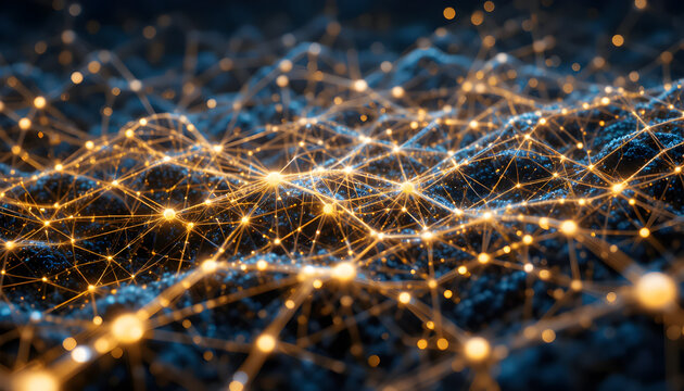 Abstract network of glowing golden nodes and lines on a dark, wavy blue background, representing data connections and digital communication, with a shallow depth of field