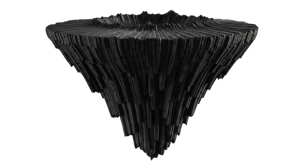 A dark, textured, conical object floating in space