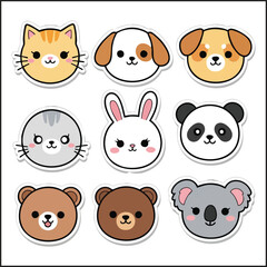 Cute Round Animal Face Sticker Vector Set