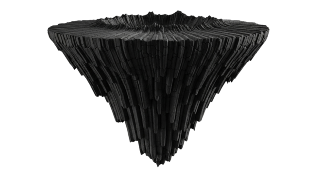 A dark, textured, conical object floating in space