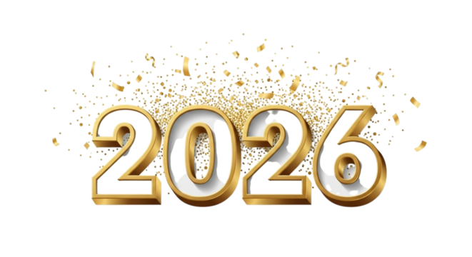 Golden 2026 text with confetti