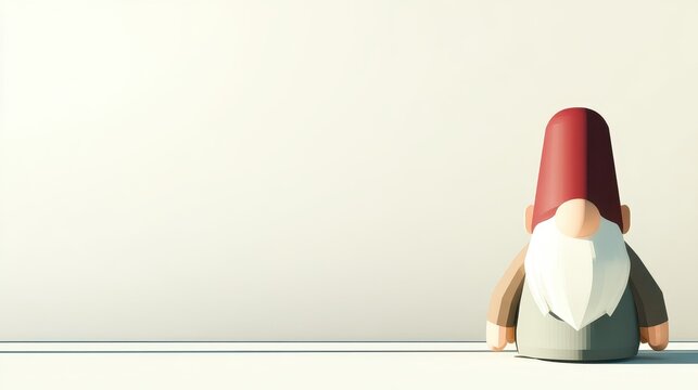 Minimal Scandinavian Tomte concept. Whimsical gnome figurine facing a blank wall, evoking curiosity.