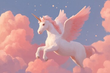 Naklejka premium Cute cartoon unicorn with wings soaring through pastel clouds in a dreamy pink blue sky