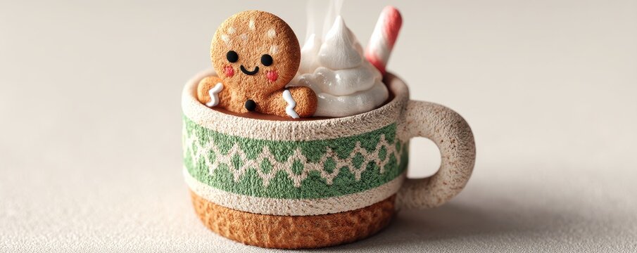 Cute gingerbread man in a mug of hot chocolate with whipped cream and candy cane