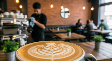 A cozy coffee shop scene featuring a male barista preparing beverages with a beautifully crafted latte in the foreground amidst a warm, inviting atmosphere filled with patrons.