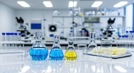 Close-Up of Colorful Laboratory Equipment with Blue and Yellow Liquids, Including Beakers and Test Tubes, in a Modern Science Lab Environment
