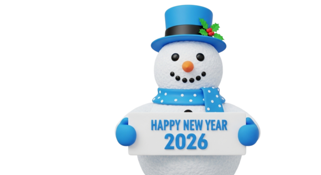 Happy new year 2026 snowman with hat and scarf