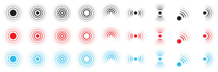 Set of radio wave and signal icons in black, red, and blue colors. Radar signal wave icons vector set in various circular and radiating style. Internet connection and radiation icons.
