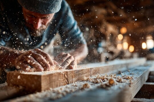 Carpenter planing wood, creating flying sawdust in a workshop