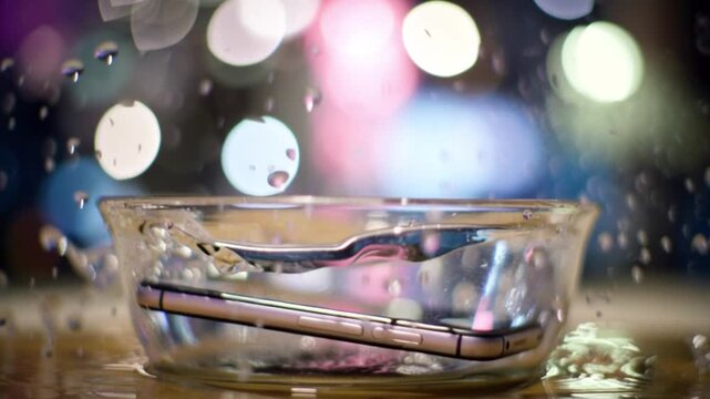 Smartphone underwater splash accident concept inside transparent glass bowl dramatic bokeh background water damage risk liquid exposure mobile phone failure repair awareness technology slow motion foo