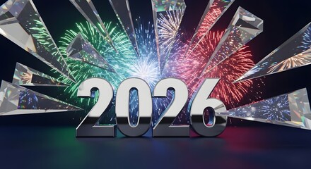 Shiny 2026 numbers with vibrant colorful fireworks exploding behind them in a shattered glass effect