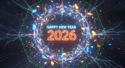Vibrant neon tunnel of light and stars celebrating happy new year 2026
