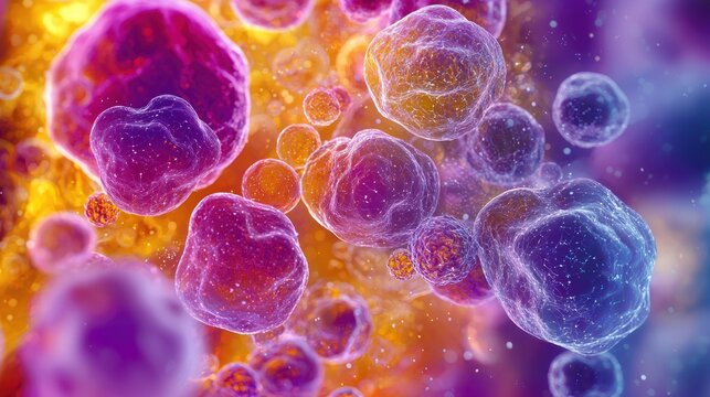 Abstract, colorful rendered image of cells or spheres against a glowing background