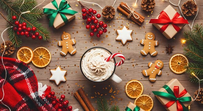 Festive Holiday Arrangement Featuring a Cup of Hot Cocoa Topped with Whipped Cream Surrounded by Gingerbread Cookies, Pinecones, Oranges, and Wrapped Gifts on a Rustic Table
