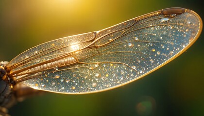 A close-up of a dragonfly wing covered in sparkling water droplets, illuminated by warm light—highlighting the delicate structure, natural beauty, and complexity of insect anatomy.