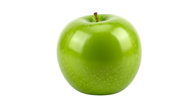 A single shiny green apple with a smooth skin and a stem isolated on transparent background - Powered by Adobe