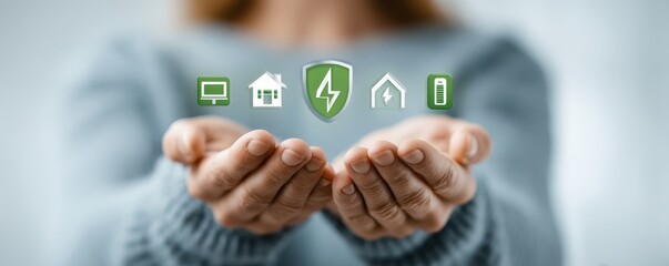 Person holds energy shield icons representing home, energy, and sustainability in hands