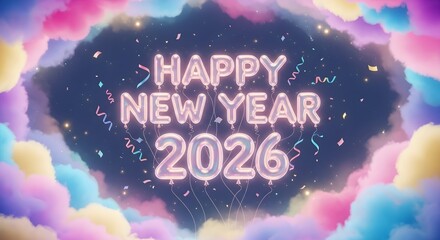 Happy new year 2026 text in glowing balloons surrounded by colorful clouds and confetti