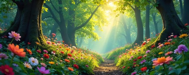 Enchanted Floral Forest Sunlight Dapples Vibrant Blooms Carpeting the Woodland Floor, Creating a Magical, Ethereal Atmosphere Perfect for Fantasy and Fairytale Themes.