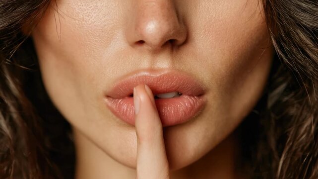Close-up of woman's face; finger to lips, requesting silence. Hair, skin, and nose visible