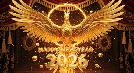 Majestic golden phoenix rises above happy new year 2026 celebration with festive ornaments
