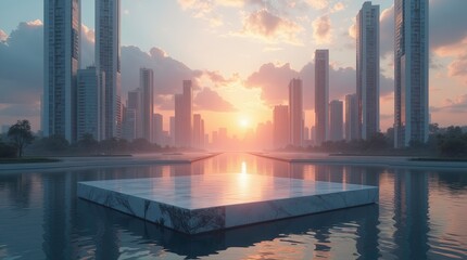 Cityscape at sunset with tall modern skyscrapers reflecting in calm water and a large minimalist floating marble platform centered in the frame, glowing warm orange and blue tones in the sky.