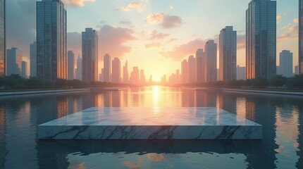 Cityscape at sunset with tall modern skyscrapers reflecting in calm water and a large minimalist floating marble platform centered in the frame, glowing warm orange and blue tones in the sky.